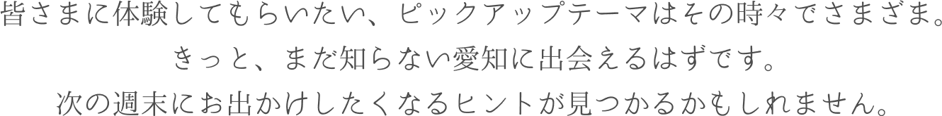 皆さまに体験してもらいたい、ピックアップテーマはその時々でさまざま。きっと、まだ知らない愛知に出会えるはずです。次の週末にお出かけしたくなるヒントが見つかるかもしれません。