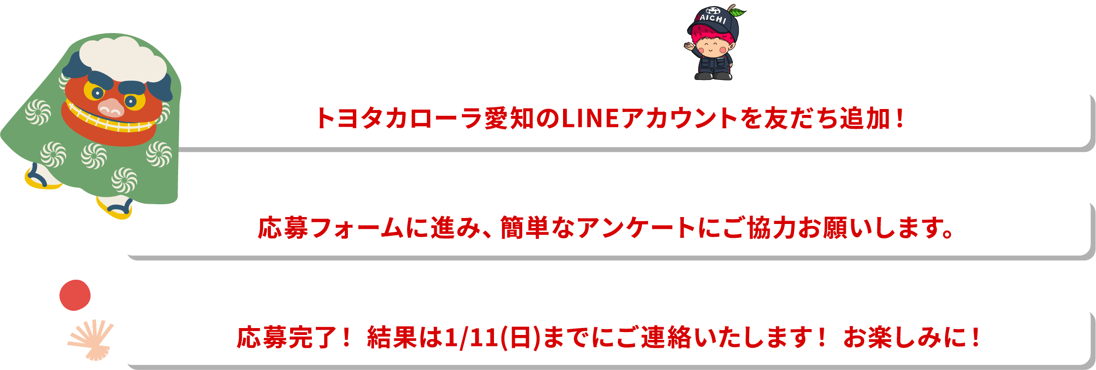 応募手順 トヨタカローラ愛知のLINE友だちアカウントを友だち追加！ 応募フォームに進み、簡単なアンケートにご協力お願いします。希望商品は第2希望までご記入ください。 ※在庫切れや廃番の場合はご連絡させて頂き代替案のご提案をさせていただきます。 応募完了！結果は当選者の方に1/12までにご連絡いたします。お楽しみに！