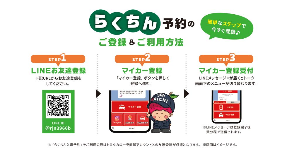 らくちん予約のご登録＆ご利用方法　STEP1 LINEお友達登録 下記URLからお友達登録をしてください。　STEP2 マイカー登録 「マイカー登録」ボタンを押して登録へ進。　STEP3 マイカー登録受付 LINEメッセージ※が届くとトーク画面下のメニューが切り替わります。　WEB予約も受け付けております。